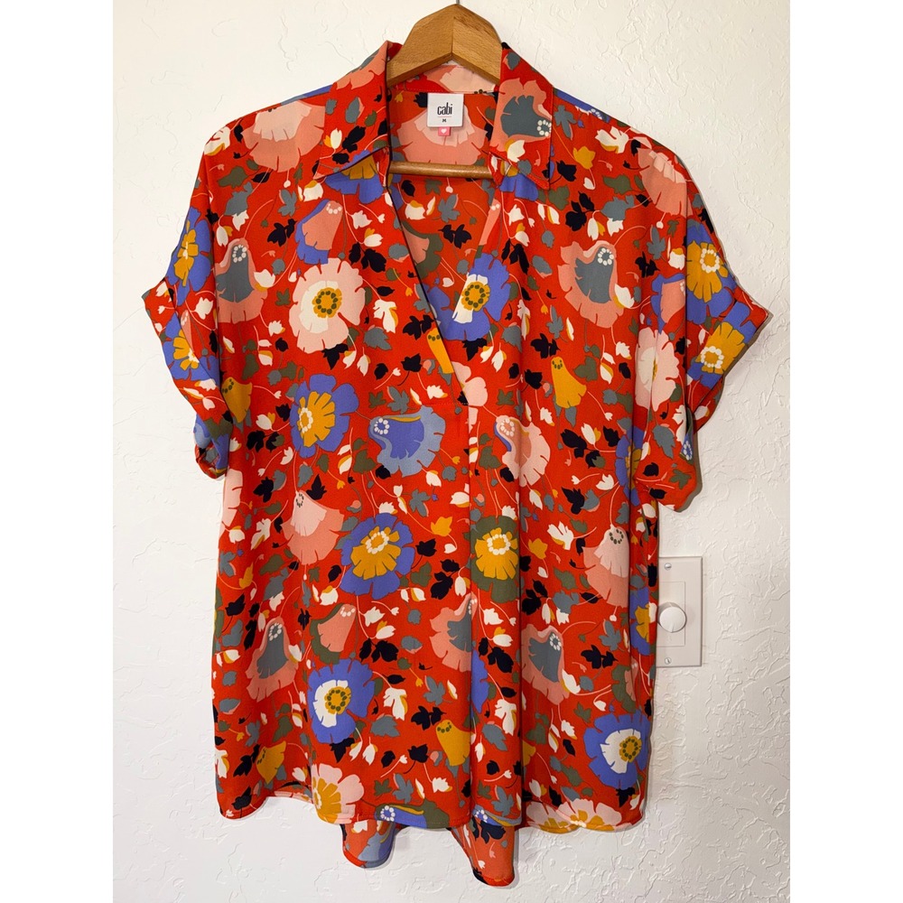 Cabi 5892 Visionary Replay Blouse Orange Floral Dolman Split V-Neck Size M